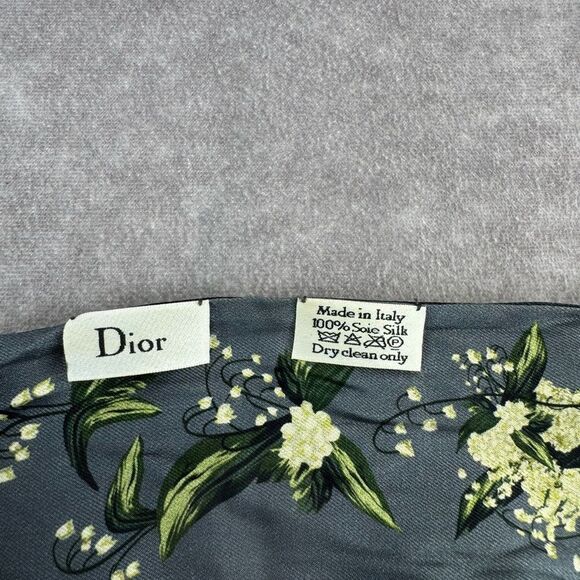 Christian Dior Mitzah Gray Floral Blue Silk Scarf Twilly - Picture 10 of 10